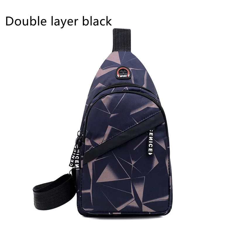 Blue Oxford cloth crossbody sling bag with earphone hole and zipper pocket.