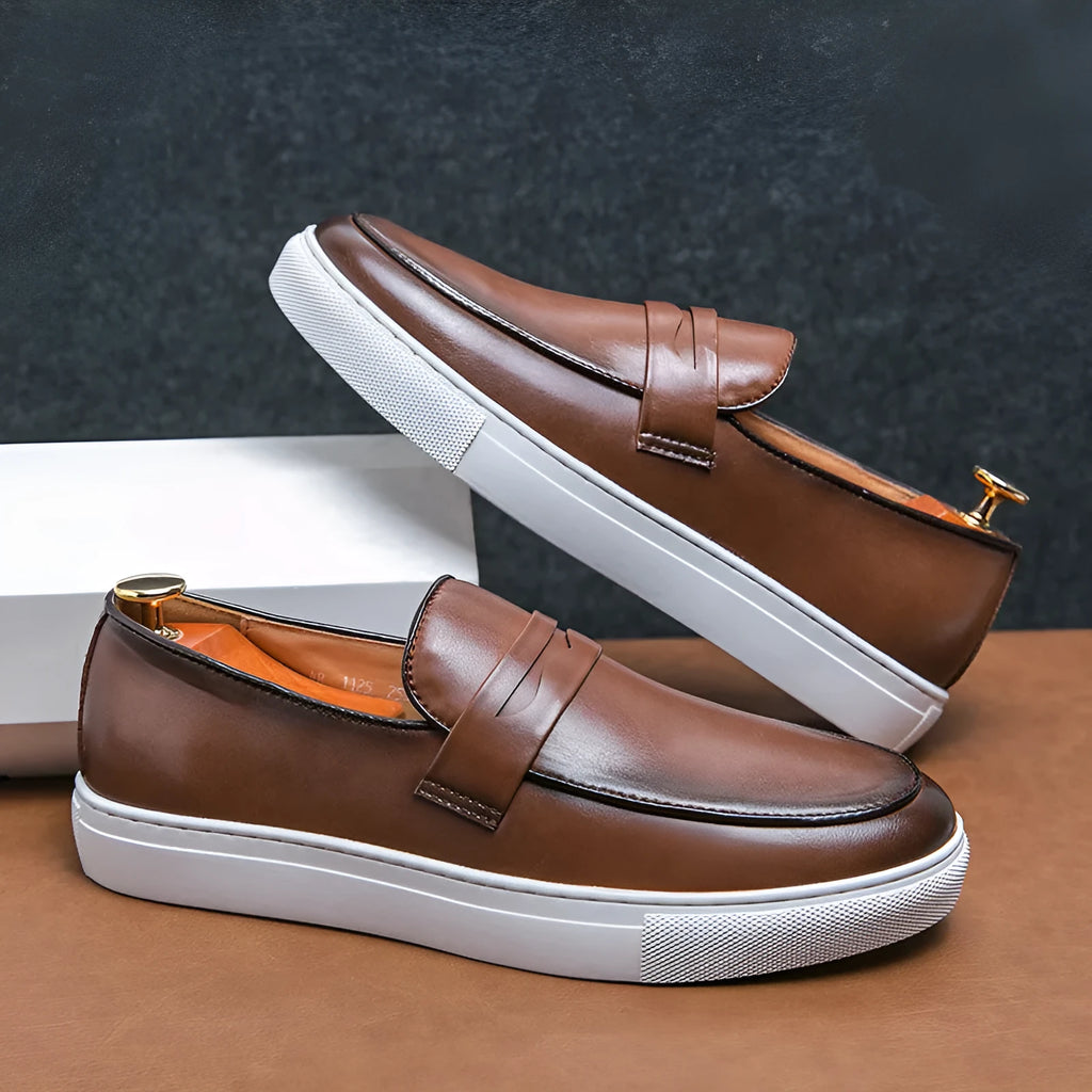 Plus size men's business casual board shoes in brown with flat heel, round toe, and rubber sole