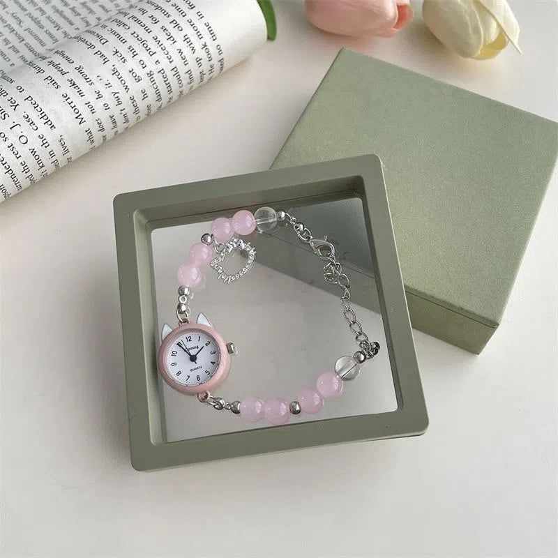 Women's chain watch with cat ear frame in silver, 8mm thickness, casual style