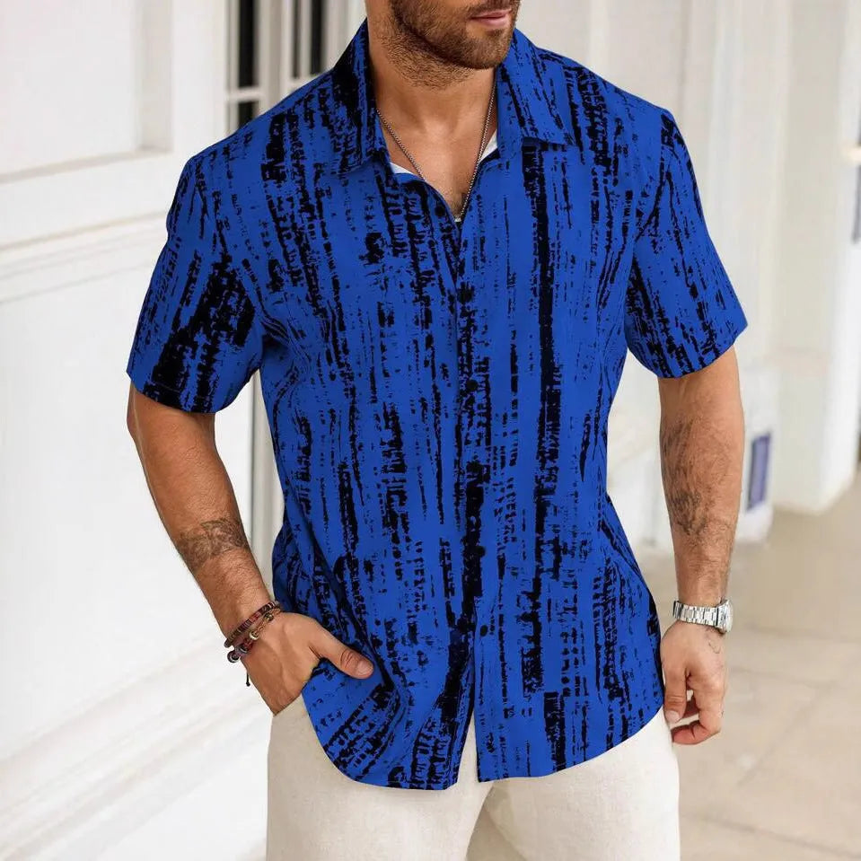 Men's 3D printed short sleeve shirt in striped pattern with anti-wrinkle polyester fabric