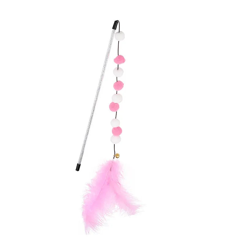 Colourful cat teaser stick with acrylic pompons, feathers, and bell on 31cm lightweight rod