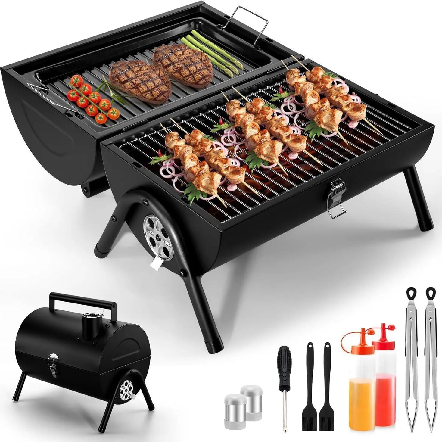 Small folding desktop charcoal barbecue stove with grill, shown in open and closed positions.