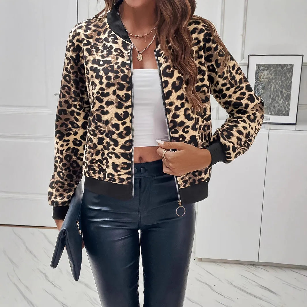 Women's leopard print polyester jacket with long sleeves, normal 50cm length, front view