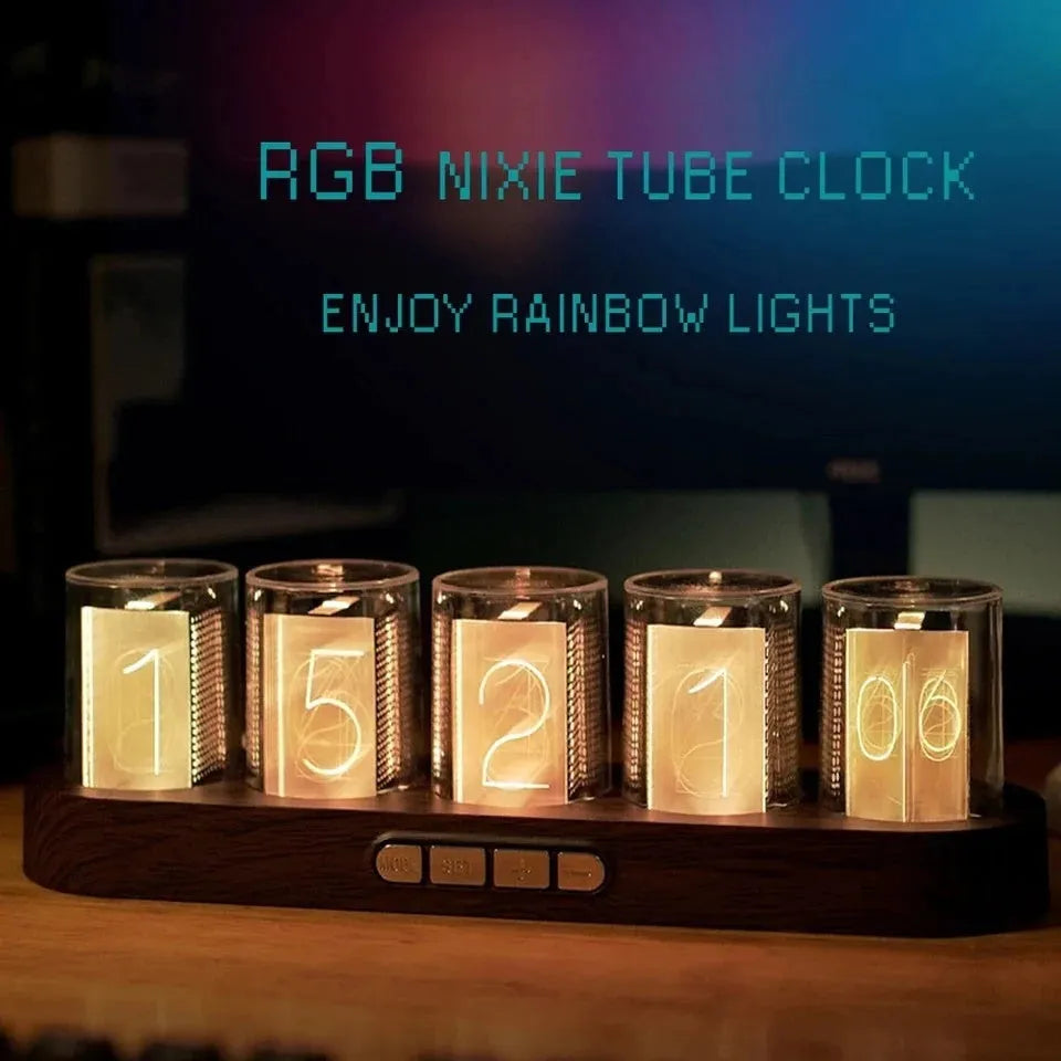 RGB LED digital clock showing colour-changing display on desk with black plastic casing