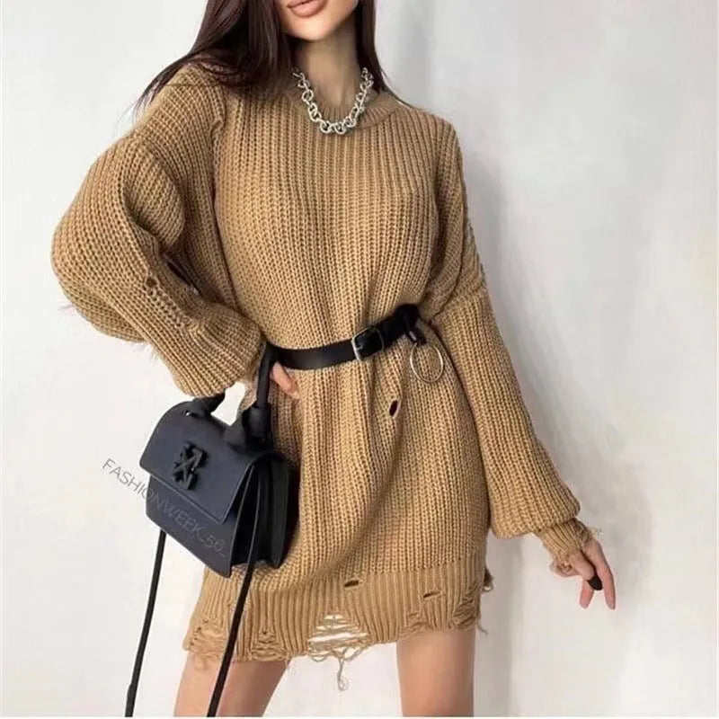 Loose hole knitted pullover sweater for women in solid colour Rose Red, black, and khaki
