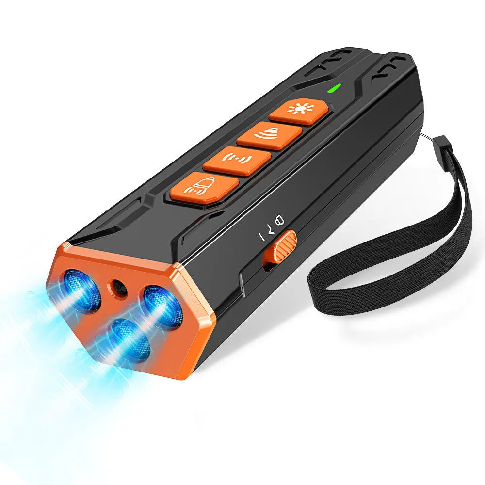 Three-head ultrasonic dog trainer in handheld ABS plastic case with adjustable controls