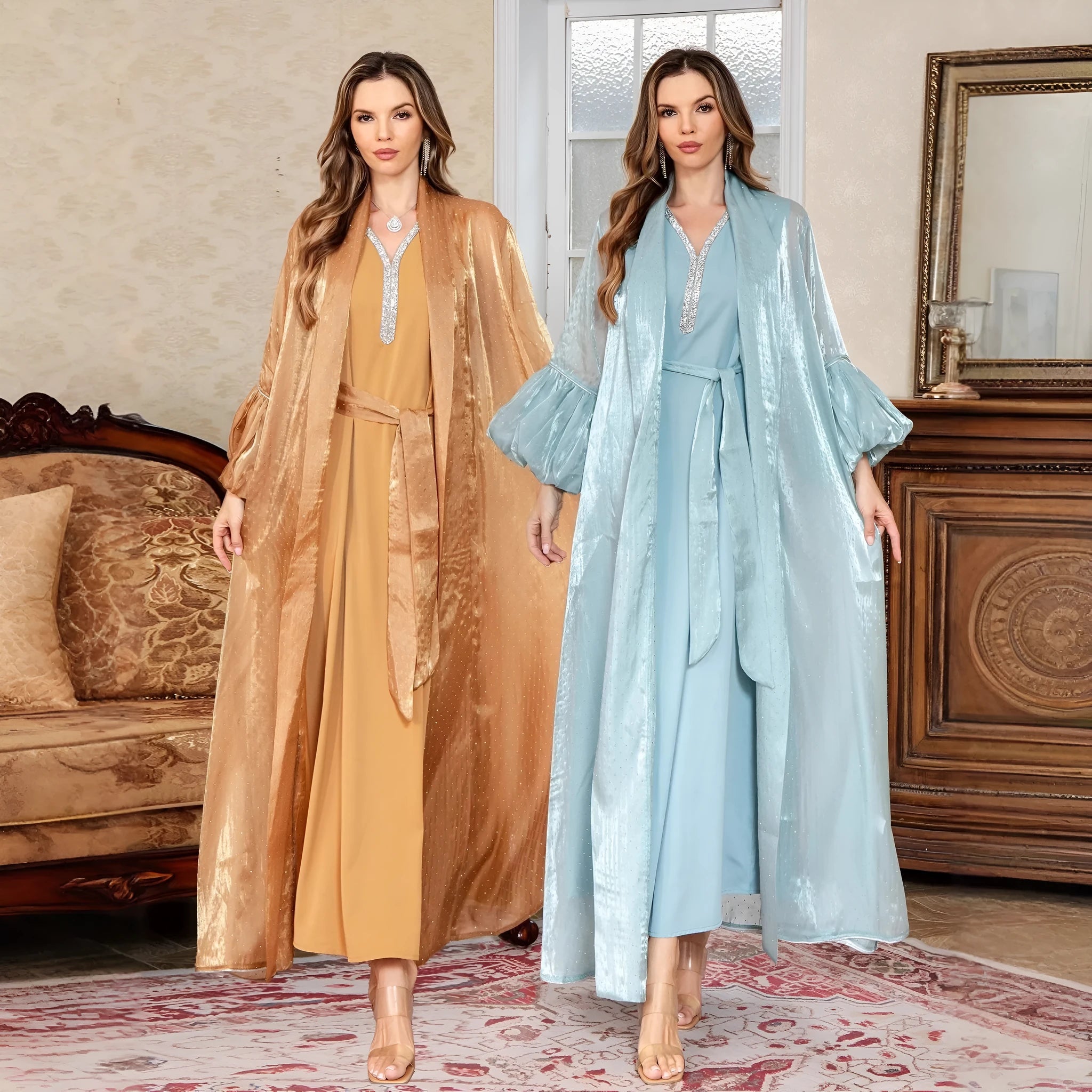Dubai Arabic two-piece dress set with rhinestone decoration in blue or brown colour