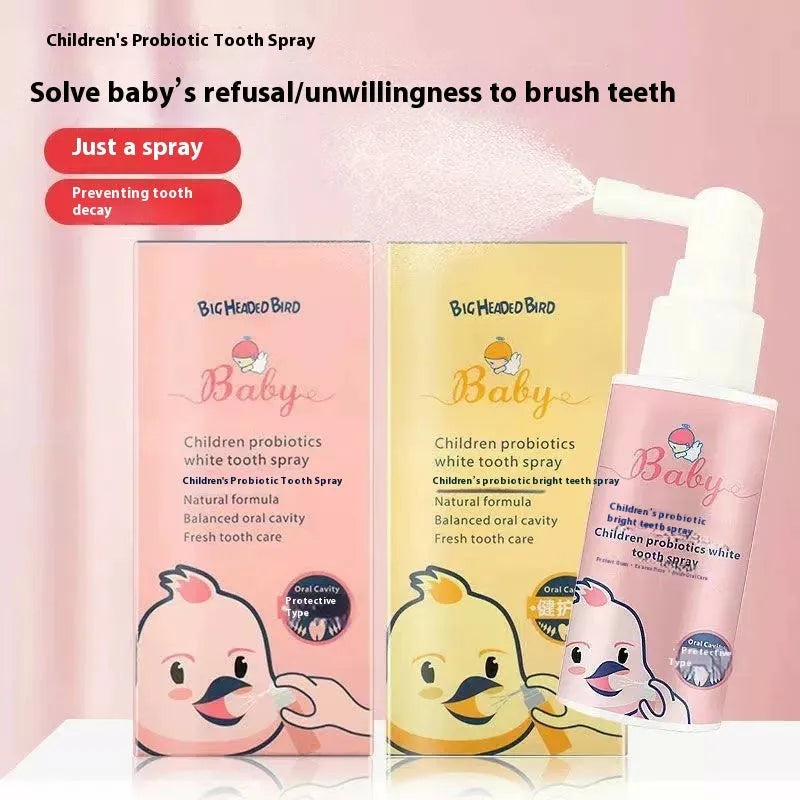 Children's probiotic teeth cleaning spray in 40ml bottle with strawberry and orange flavour options