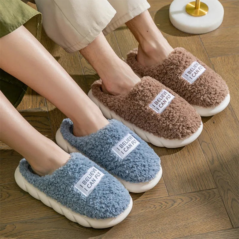 Warm plush slippers with faux fur lining and PVC sole in brown, a unisex home shoe for winter