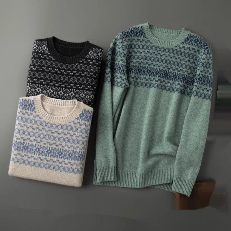 Men's jacquard cashmere sweater in beige, loose fit, long sleeves, thickened wool knit