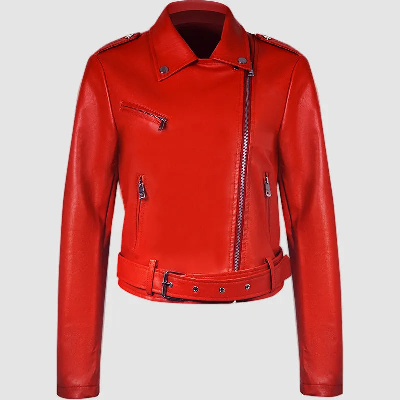 Red women's PU leather motorcycle jacket featuring a short belt on the lapel.