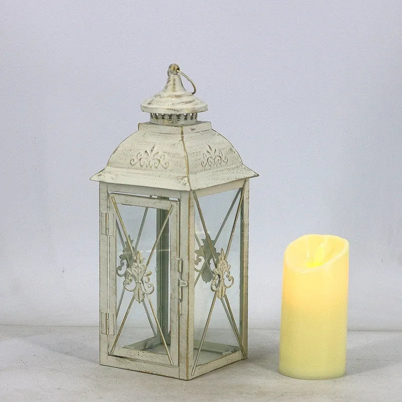 Black and white gold wrought iron storm lantern with tempered glass in three sizes for courtyard decoration.