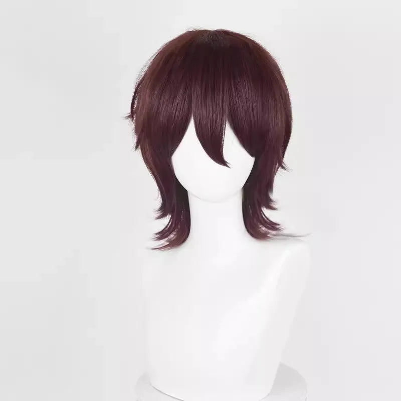 A short hairstyle Anime cosplay wig for men on a stand, shown in a vibrant colour.