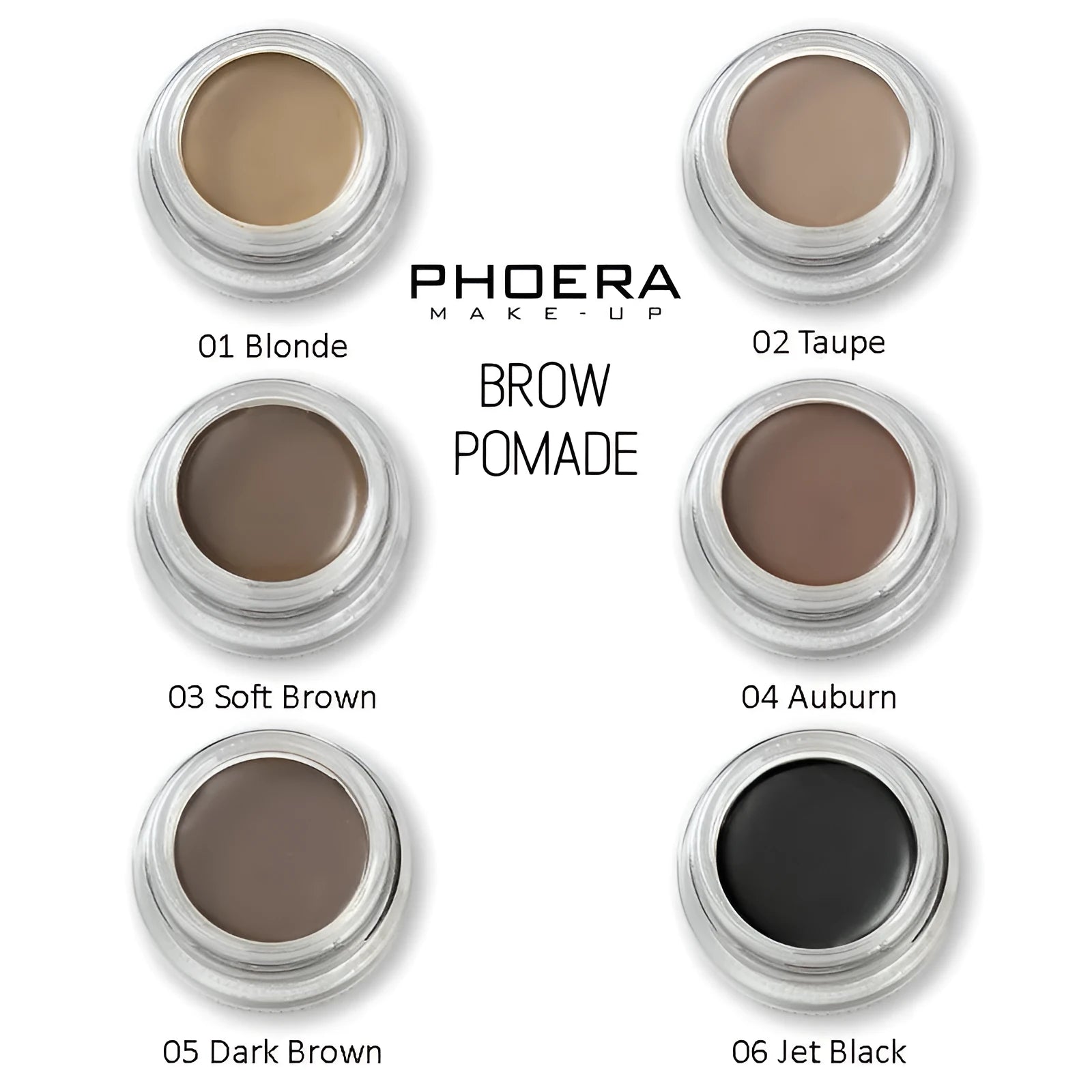 Phoera Eyebrow Cream in six colour shades with double-ended brush, taupe and soft brown pots visible