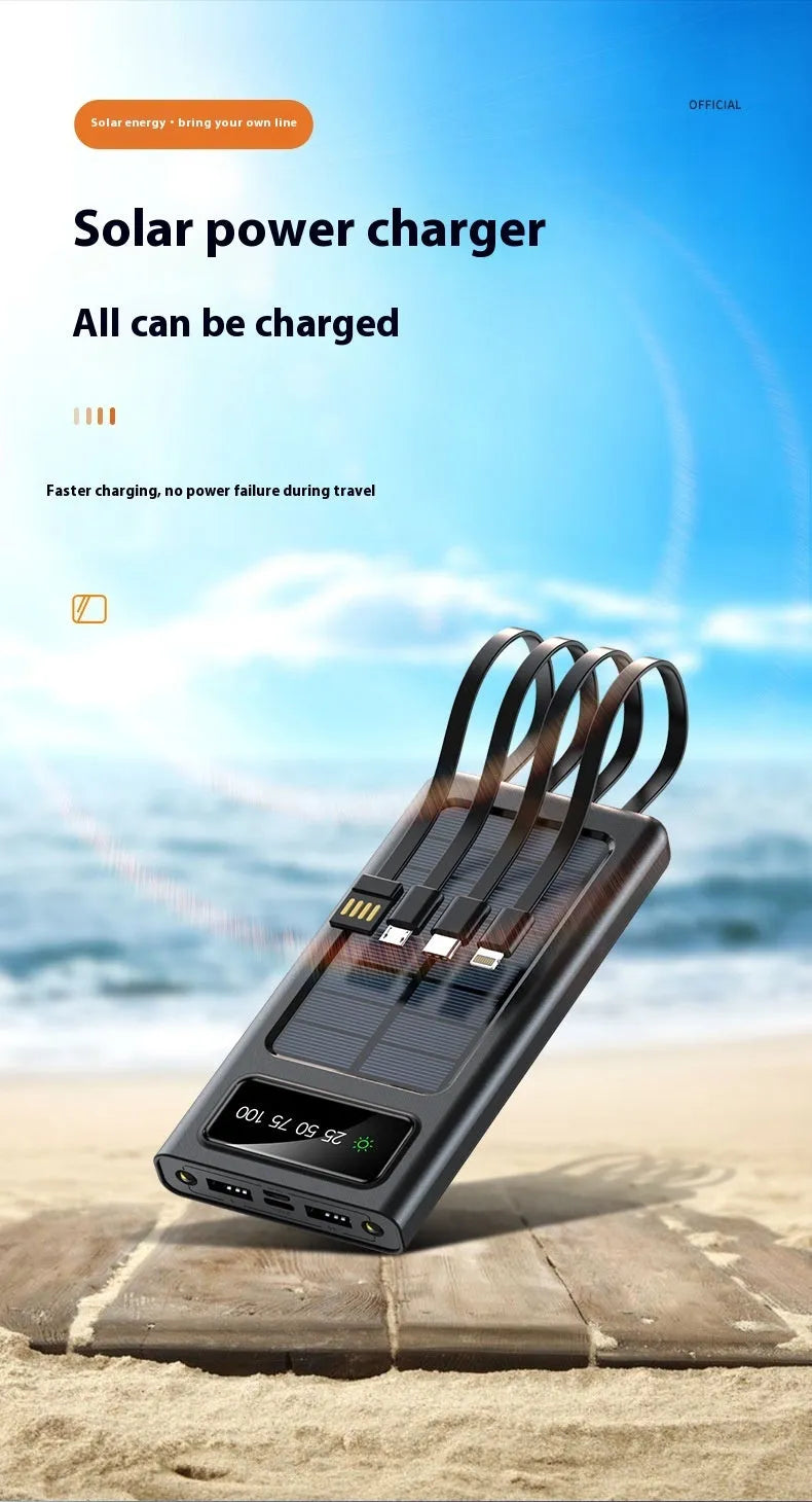 Black solar power bank with integrated charging cable showing 20000mAh capacity and solar panel