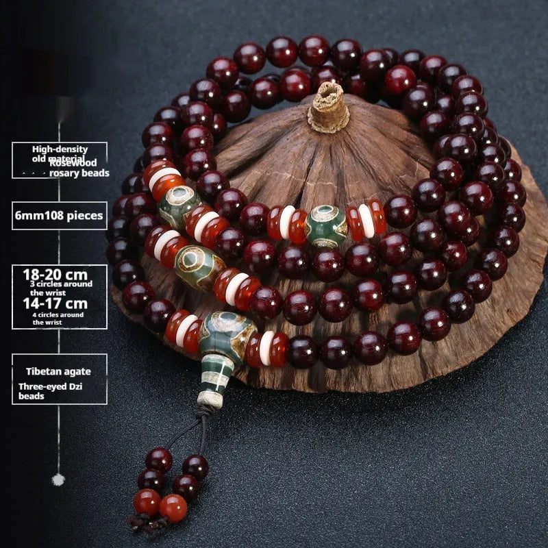 Men's rosewood bracelet with 108 beads, showing 6mm and 8mm size options alongside styles like lapis lazuli and turquoise.