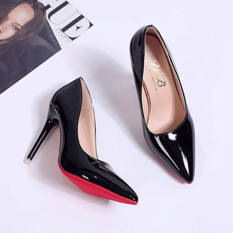 Women's pointed toe stiletto pump in a solid colour with a shallow cut, showing heel height options.