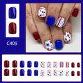Short glossy red and blue nail stickers with strawberry and cherry patterns for Independence Day