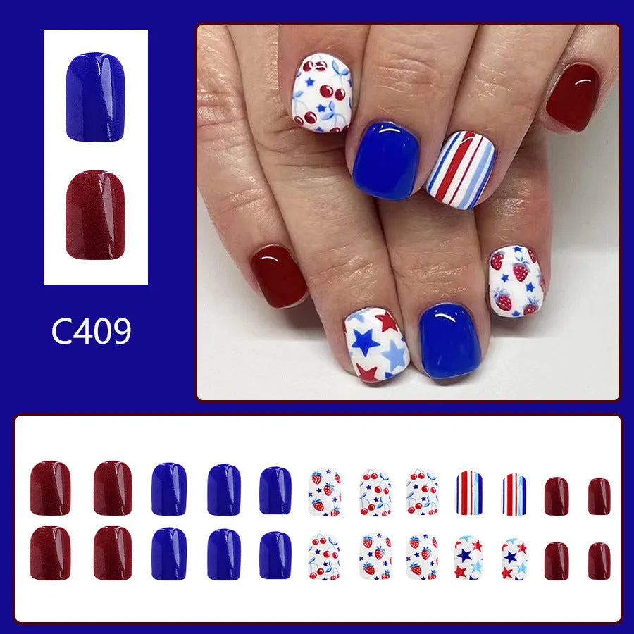 Short glossy red and blue nail stickers with strawberry and cherry patterns for Independence Day