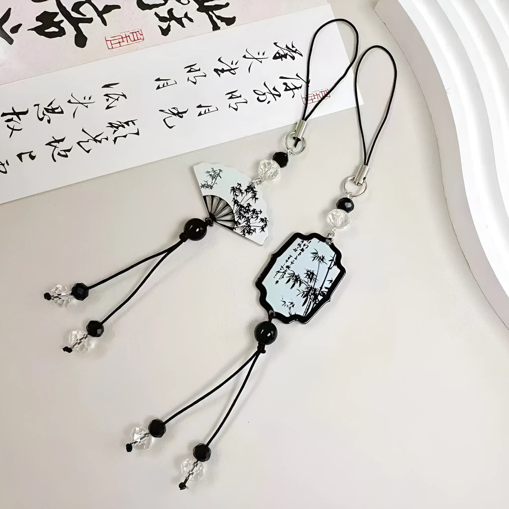 Guofeng ceramic bead pendant keychain with hand-painted Chinese fan and floral design.