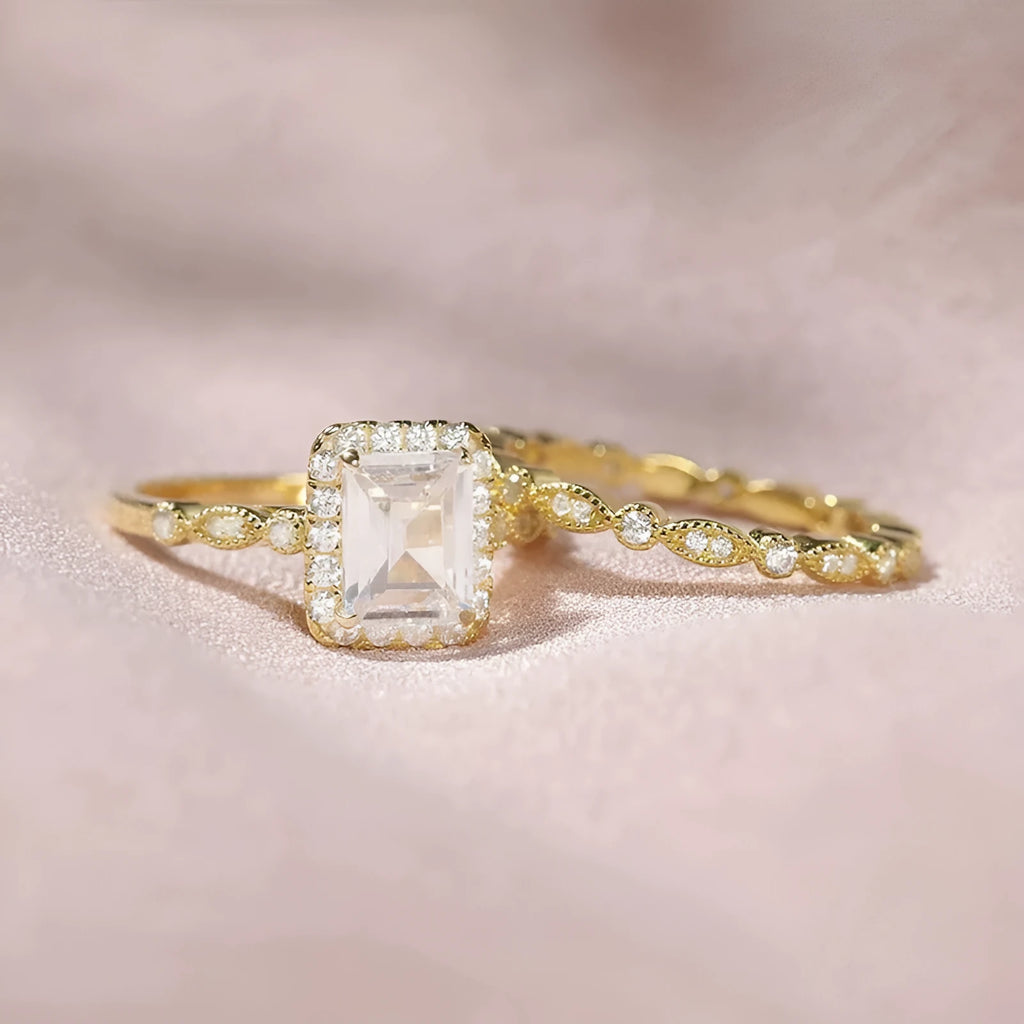 925 sterling silver ring with rectangular zircon inlay in gold finish on white background