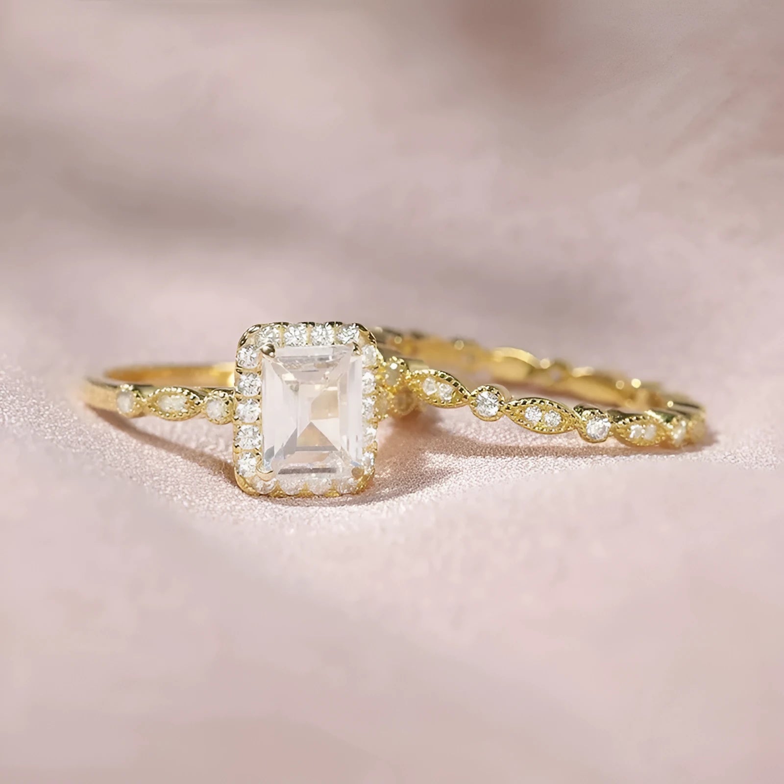 925 sterling silver ring with rectangular zircon inlay in gold finish on white background