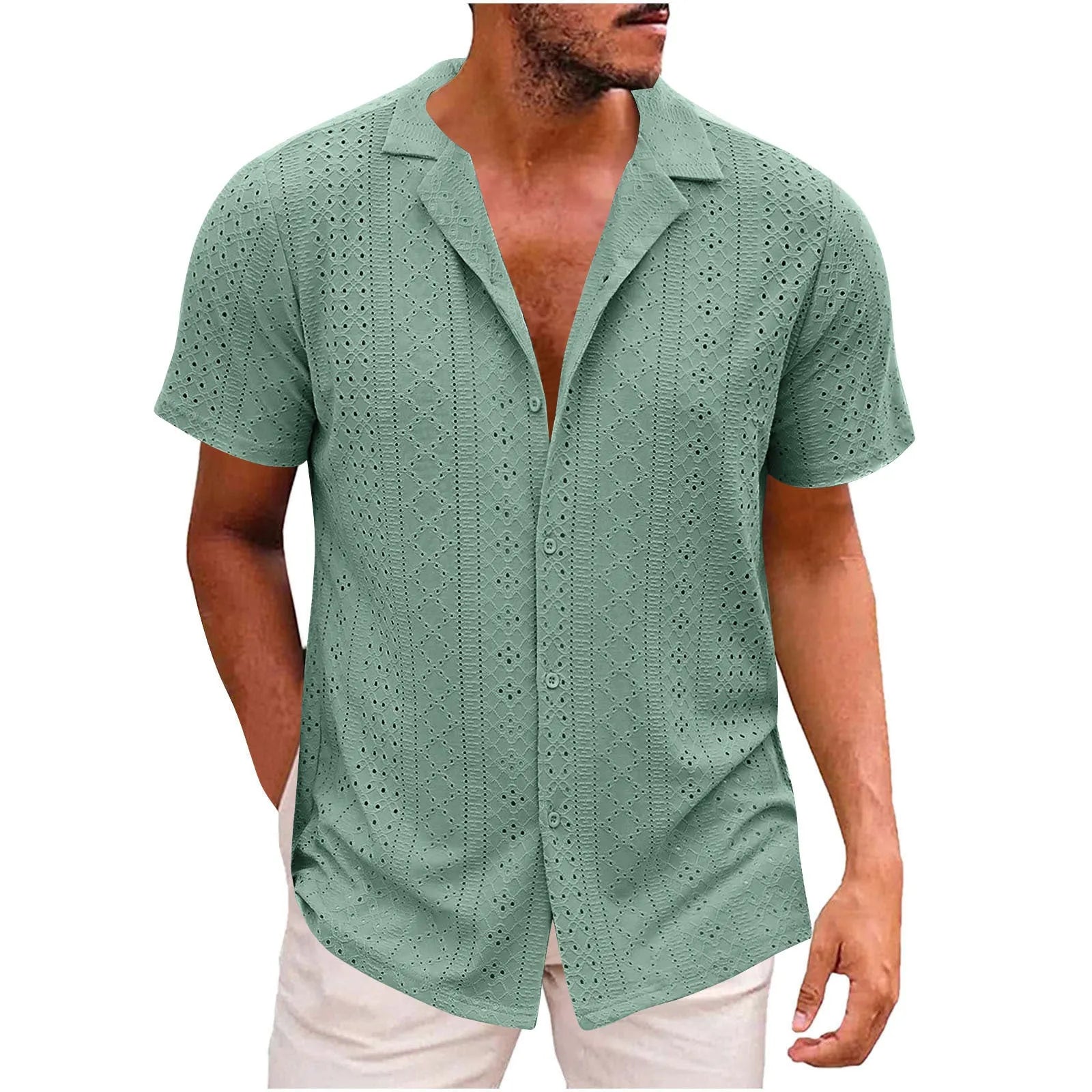 Men's breathable lightweight polyester casual shirt in white, cardigan style, regular fit
