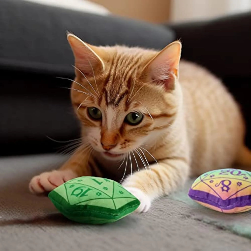 Dice-shaped catnip toy in four colour options for DND gaming cat play