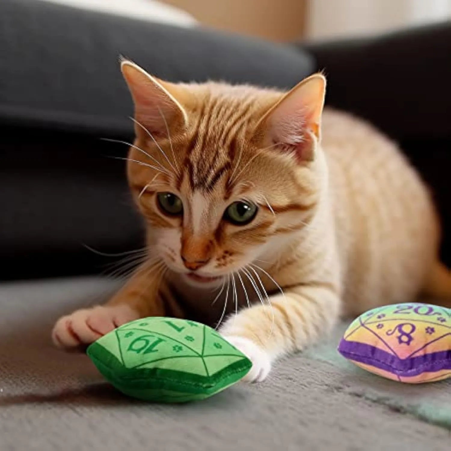 Dice-shaped catnip toy in four colour options for DND gaming cat play
