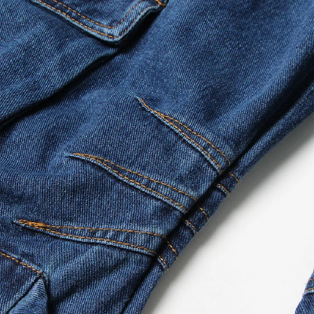 Women's blue baggy wide leg jeans with multi-pockets and denim cotton fabric