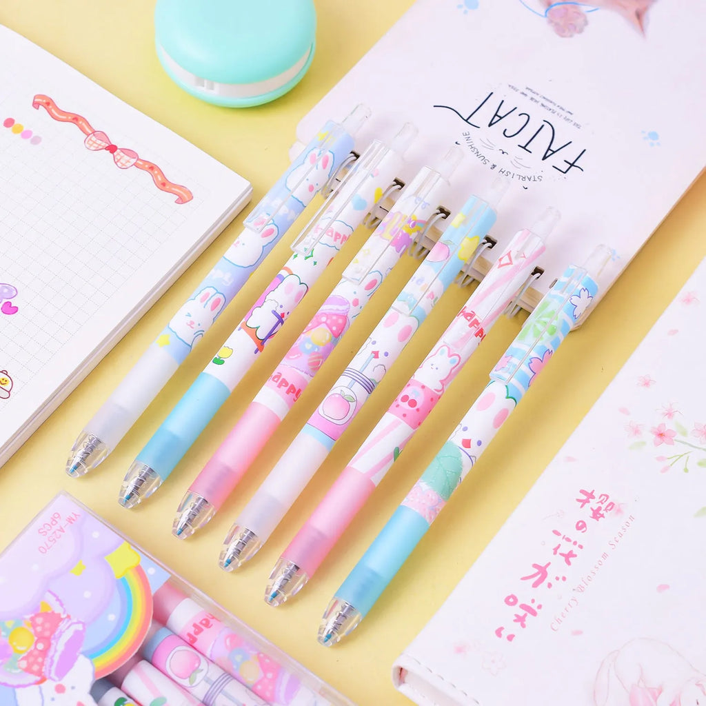 Six black gel pens with cartoon bunny designs, showing 0.5mm tips, arranged in a set.