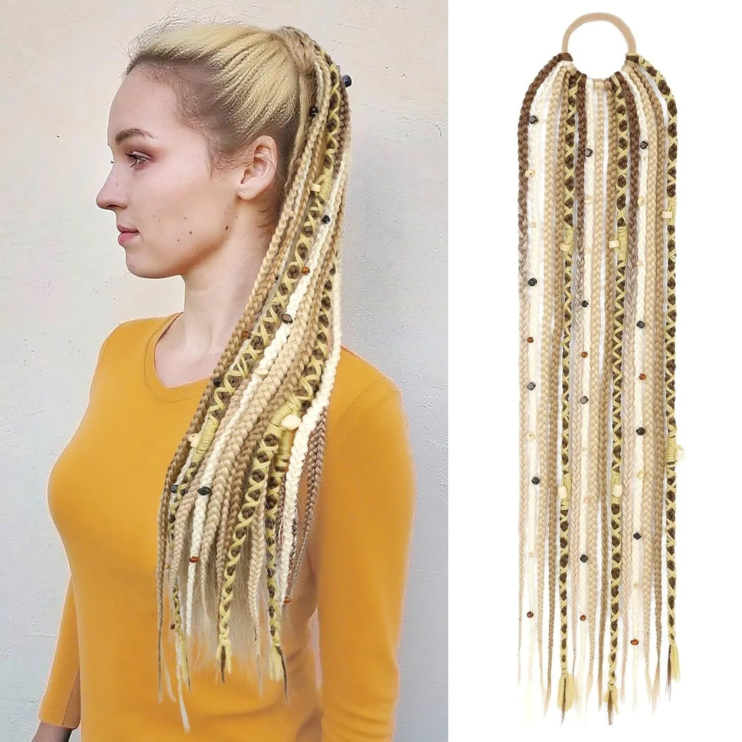 Braided ponytail hair extension with lock beads in dark brown colour, 24 inch length high temperature fibre