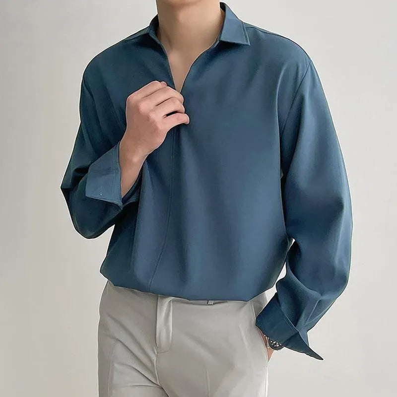 Loose lapel casual pullover shirt in solid colour on a hanger.
