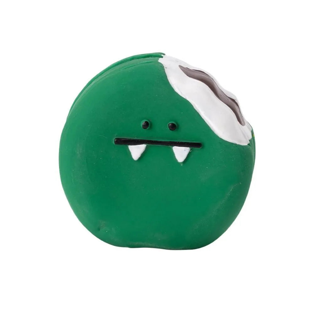 Yellow and green bread-shaped latex dog chew toy with cartoon patterns and squeaky feature