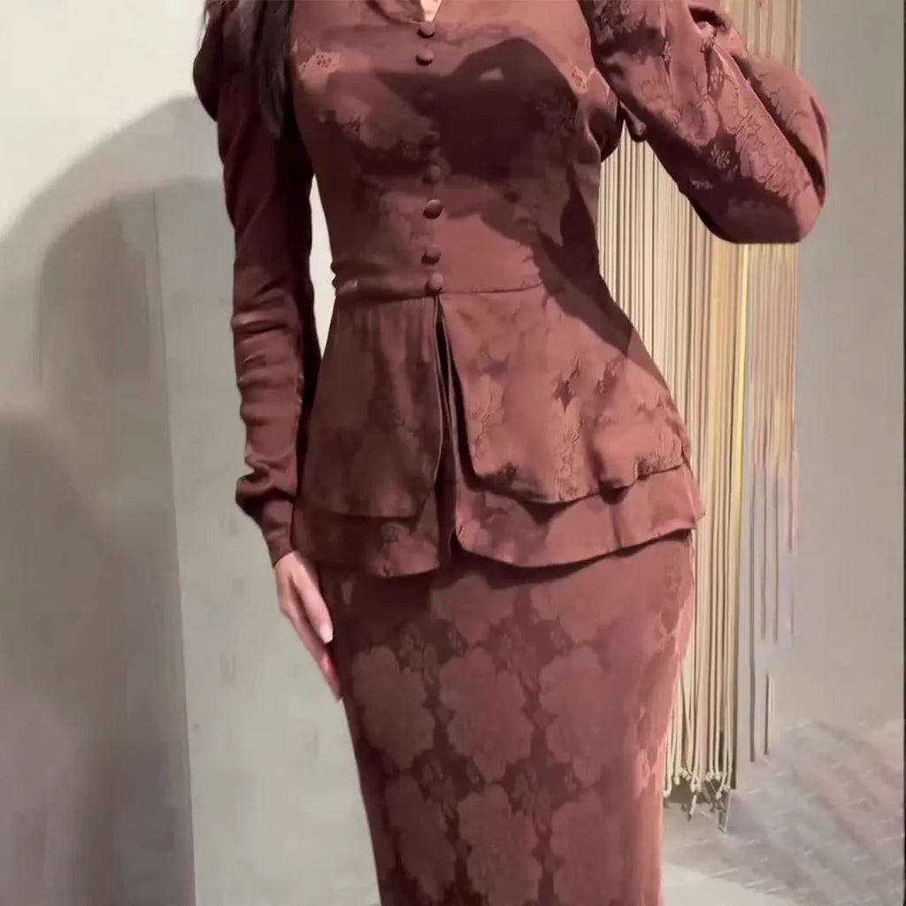 Dark brown women's retro dress with long sleeves, a fake two-piece design, and a floral pattern.