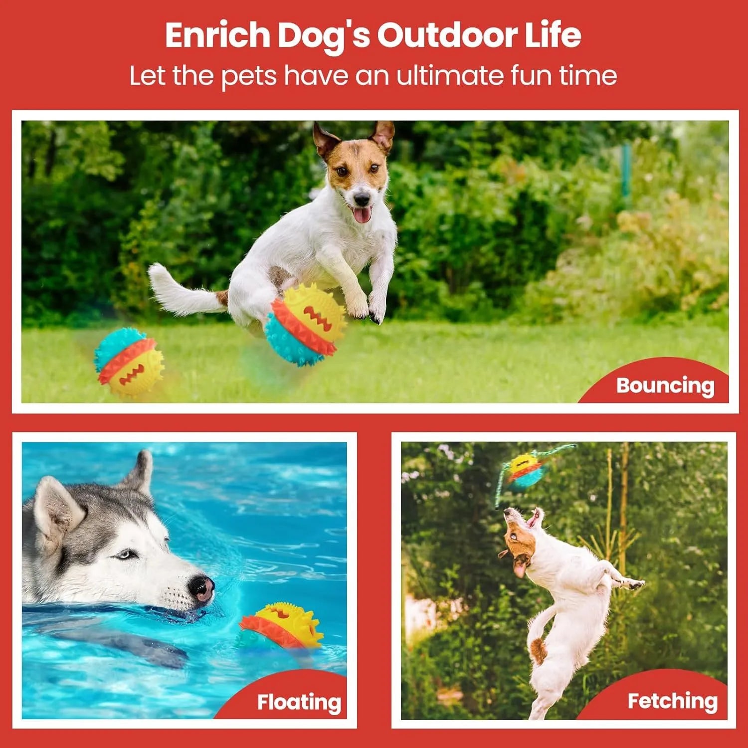 Blue and red TPR rubber squeaky dog ball with treat hole and rope tug.