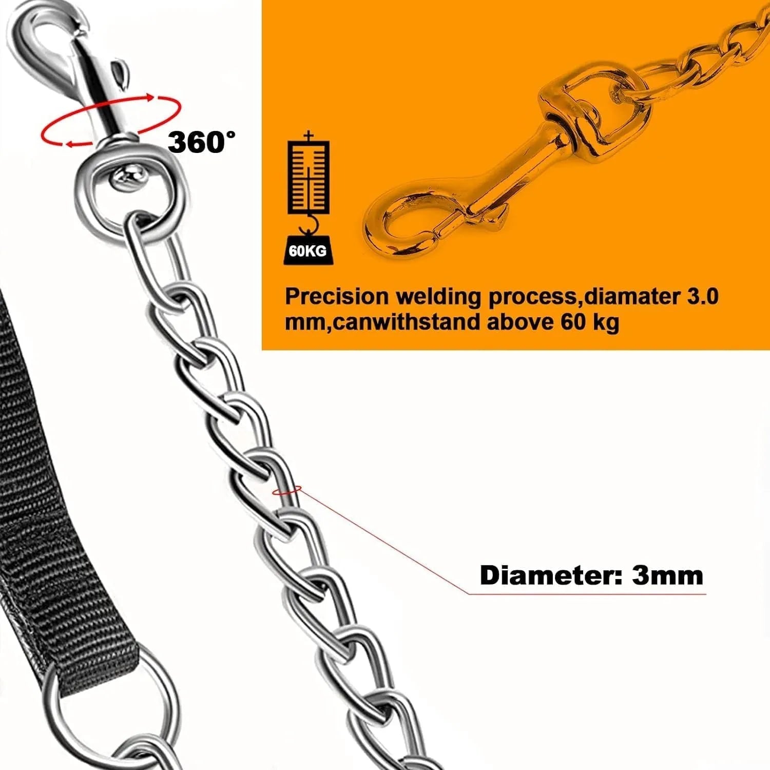 Heavy duty metal dog leash chain with soft black padded handle, shown in red.