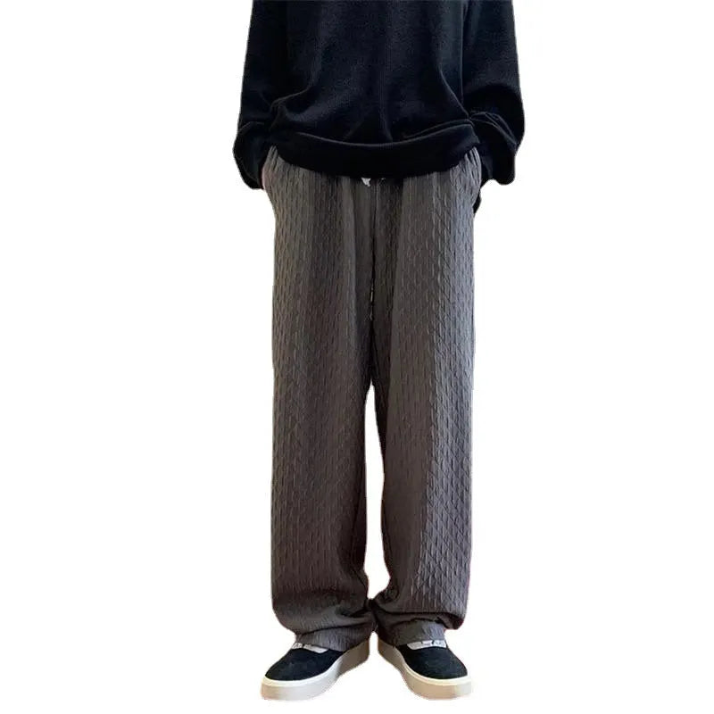 Men's jacquard rhombus draped pants in black with straight leg and non-ironing finish