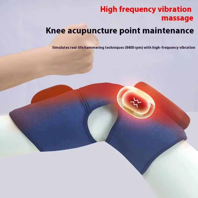 Airbag Blue self-heating knee massager showing adjustable straps for free-size fit
