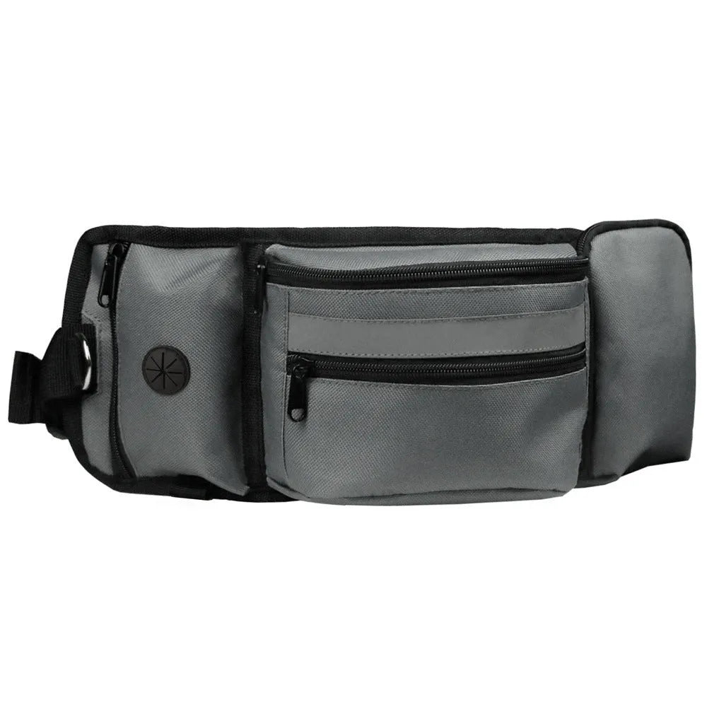 Multifunctional polyester fanny pack in black with adjustable strap for running and dog training