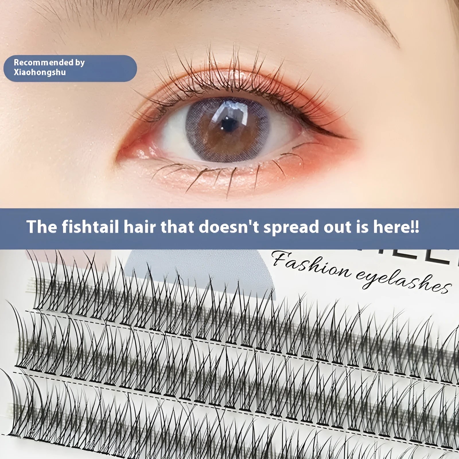 Black V-shaped fairy fishtail false eyelashes with thick segments, shown in graded lengths from 8mm to 12mm
