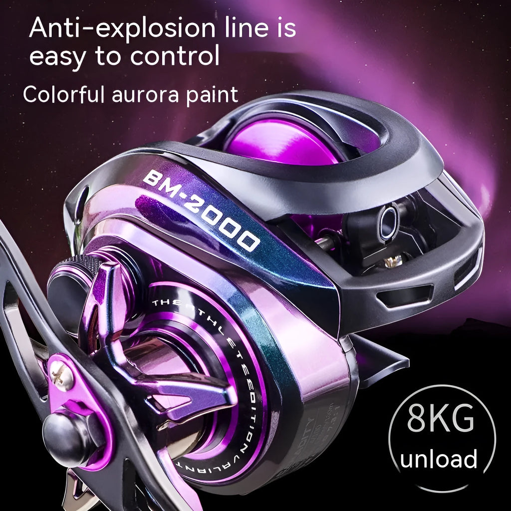 BM2000 fishing reel with magnetic brake system, shown in left-hand and right-hand retrieve options.