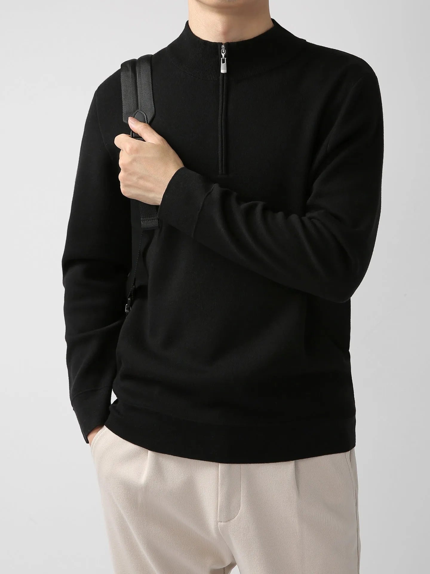 Men's merino wool zip stand collar sweater in regular fit, long sleeves, available in multiple colours