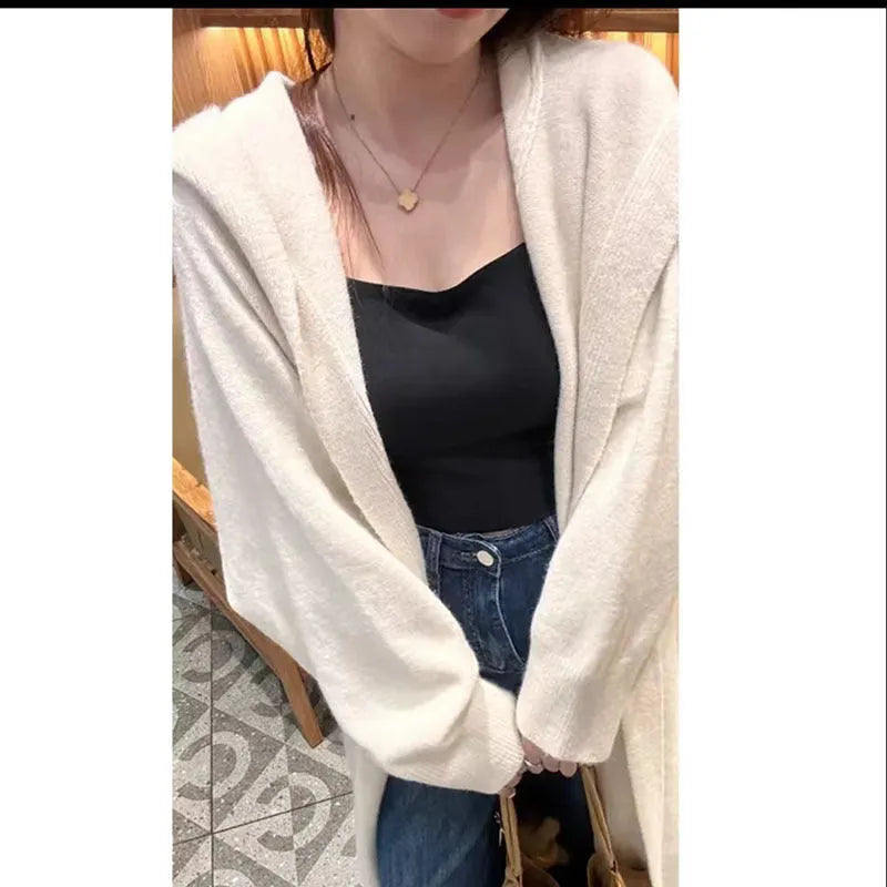 Korean style women's hooded long cardigan in below-the-knee length, loose fit
