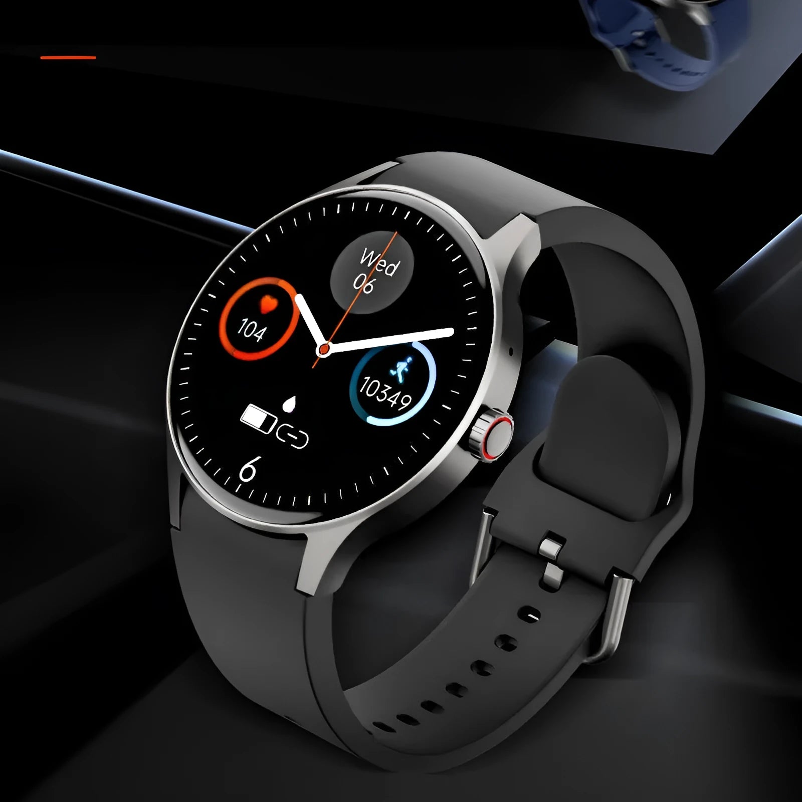 Smart watch with blood glucose and heart rate monitoring on a coloured AMOLED screen.