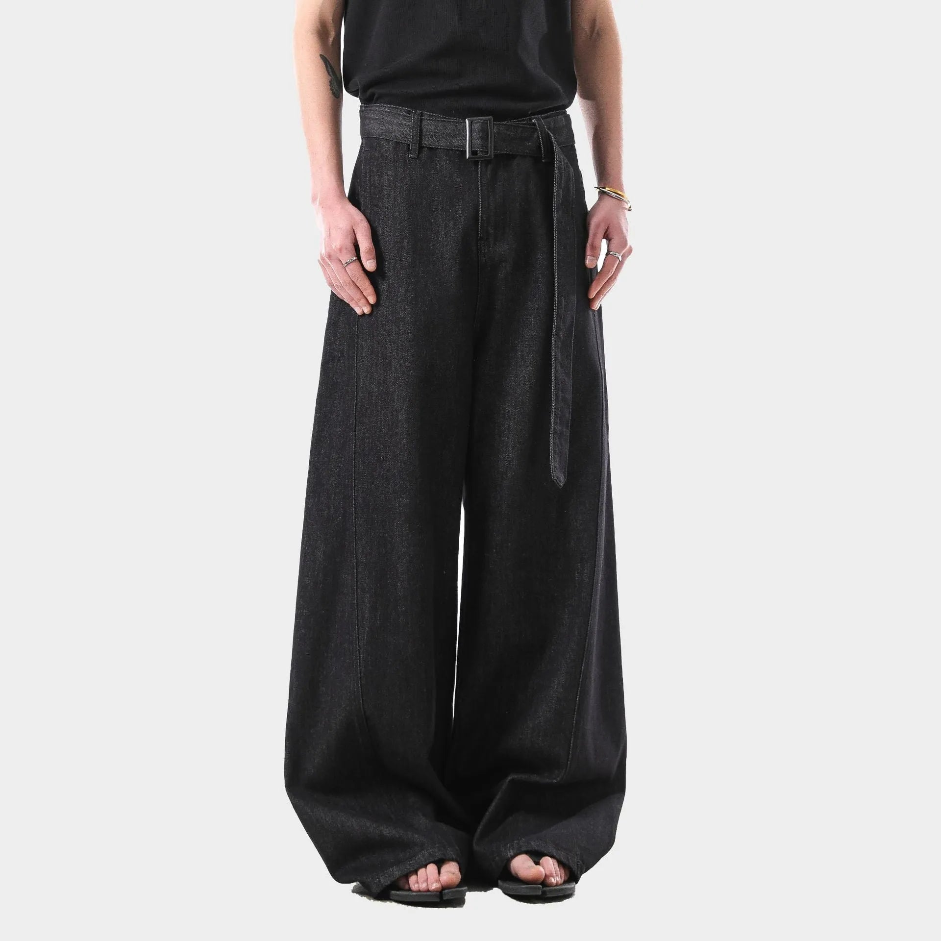 Black straight leg jeans with gold detailing and high waist design