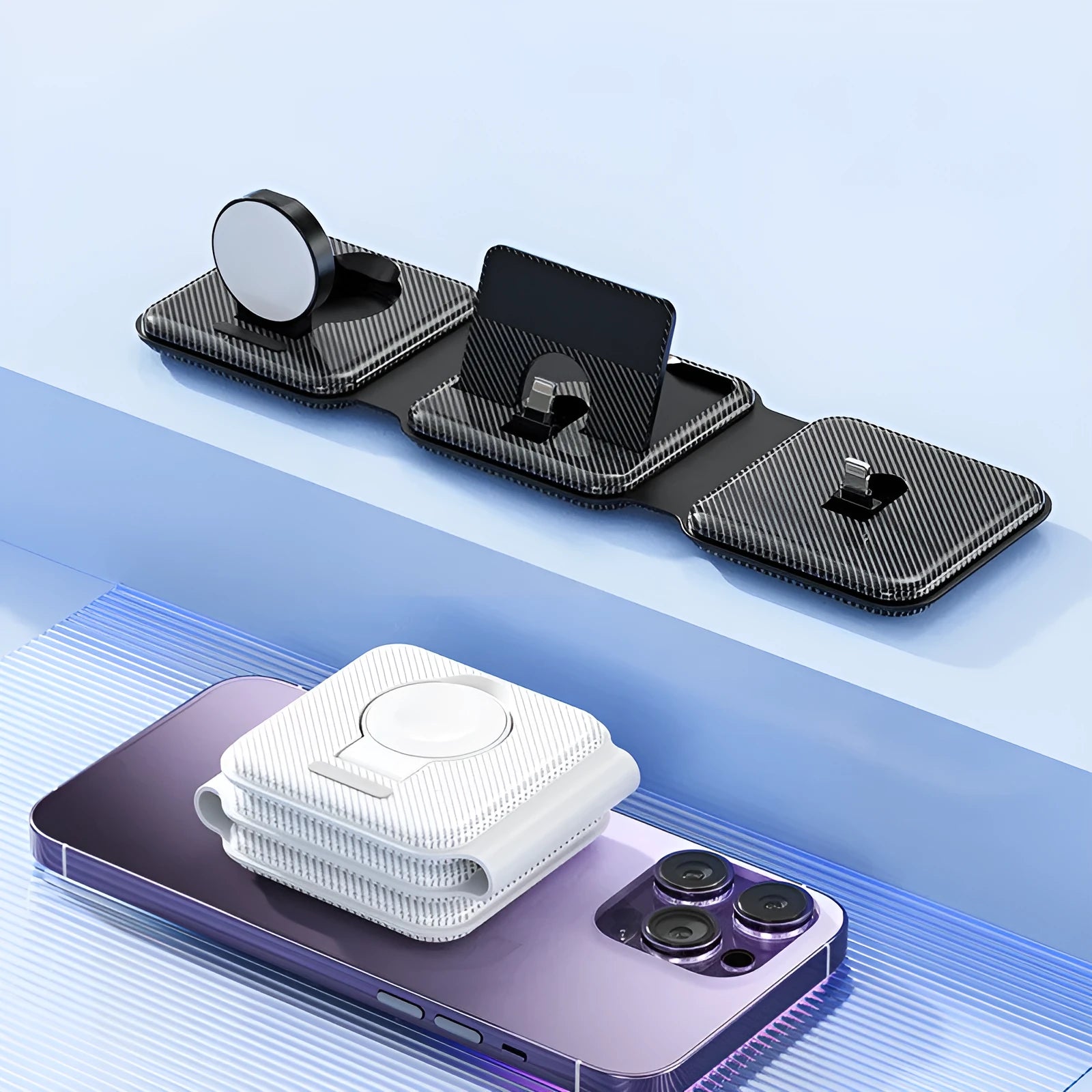 A75 Three-in-one Wireless Charger in white, charging a smartphone, earbuds, and smartwatch on a desk