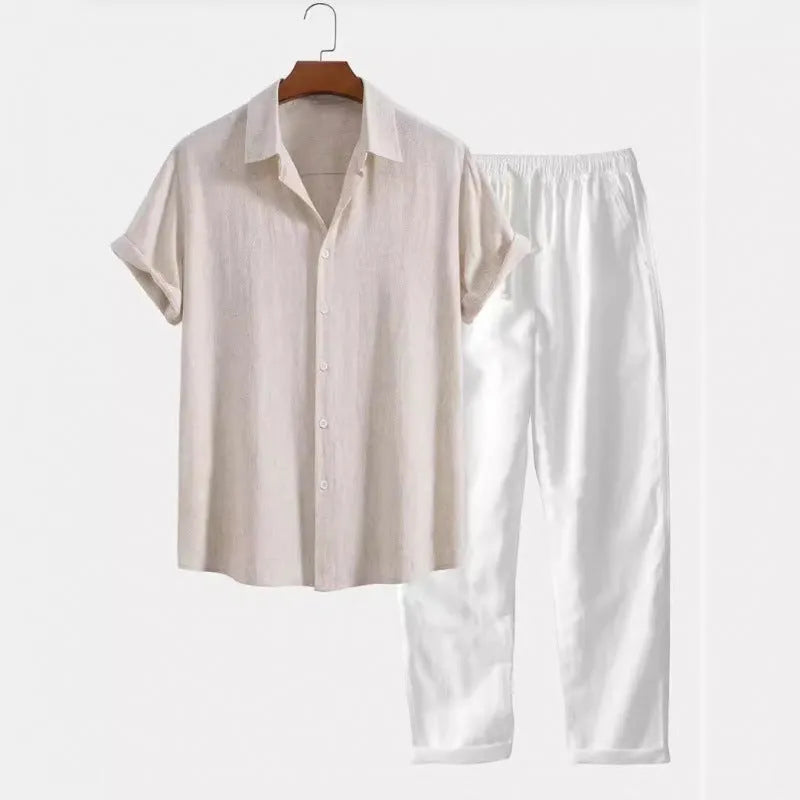 Men's casual loose fit polyester linen shirt and trousers suit in multiple colour options