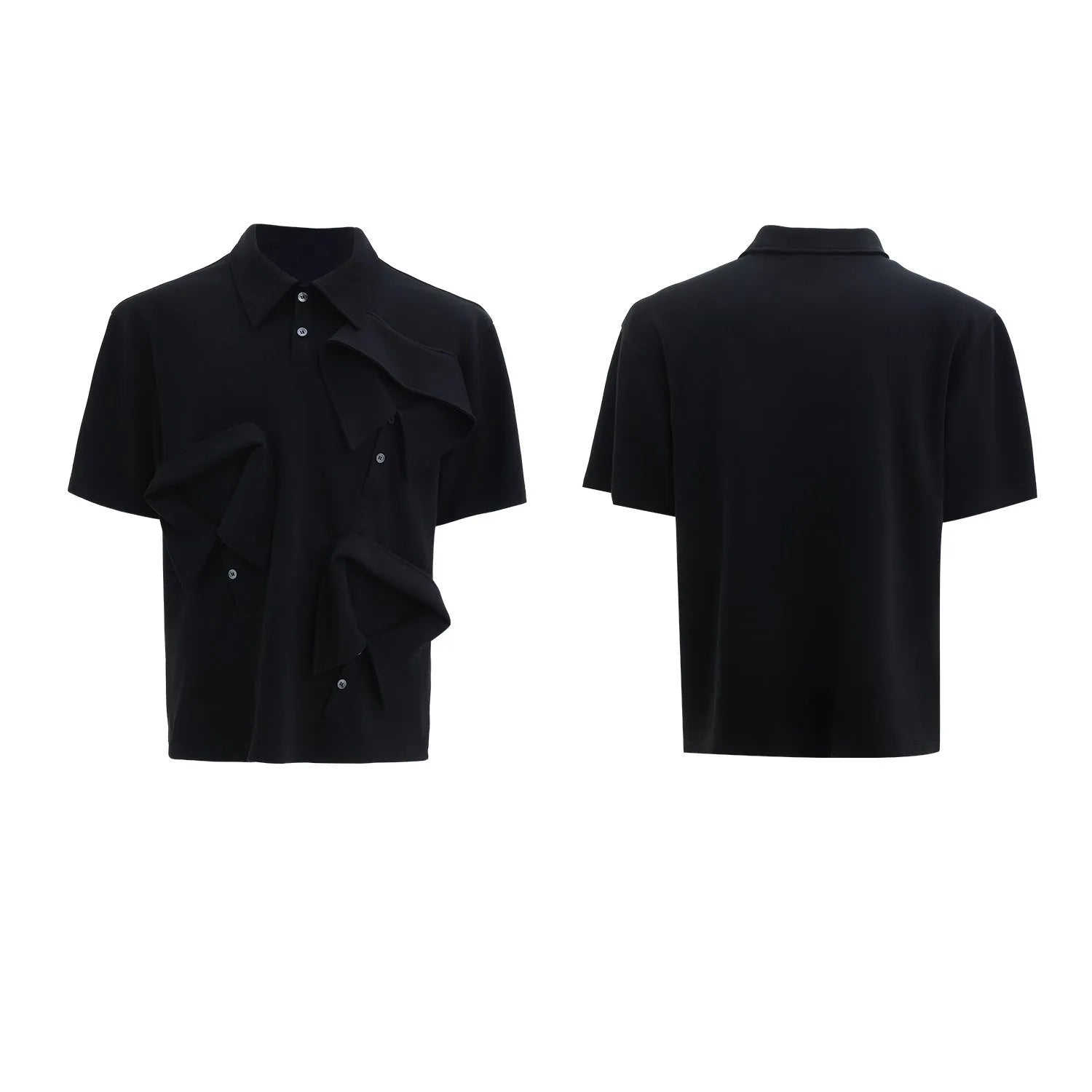 Men's loose fit deconstructed collar polo shirt with Giant Land Turtle geometric pattern in black.