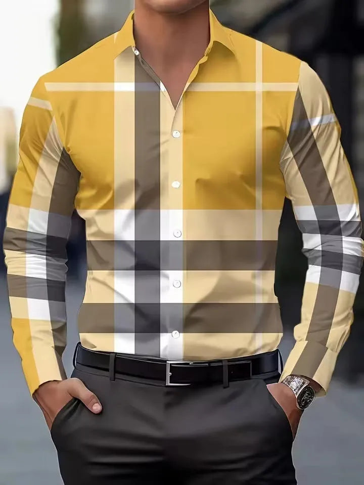 Men's striped long sleeve shirt with button lapel in a choice of colours